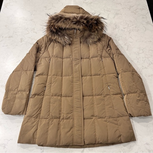 FEYEM Goose Down Puffer Jacket Finland Raccoon Fur Trim Hood Caramel XL - Picture 1 of 15